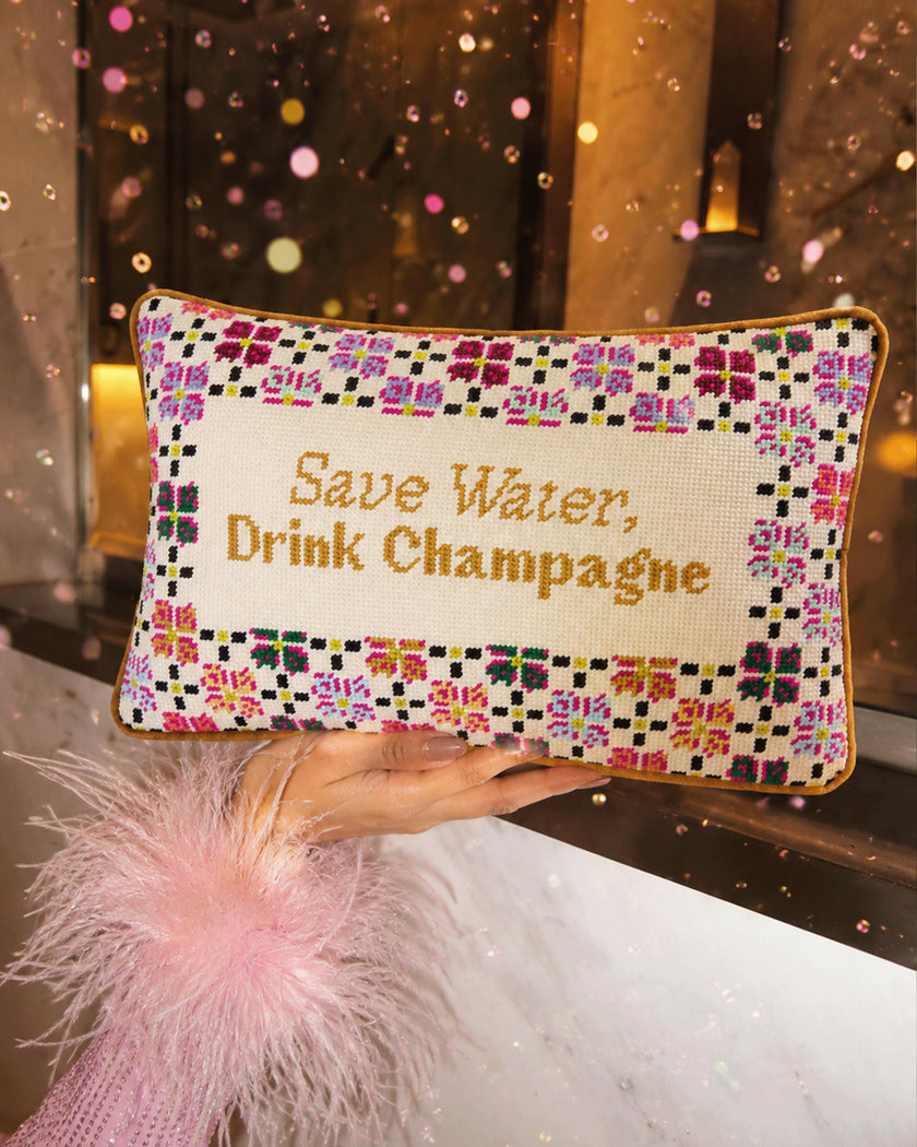 Drink Champagne Needlepoint Pillow