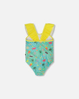 One-Piece Swimsuit Green Beach Print
