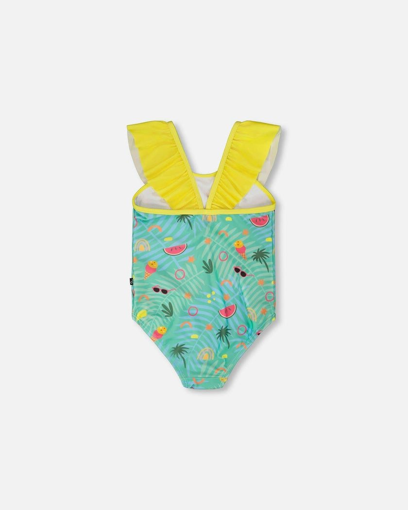 One-Piece Swimsuit Green Beach Print
