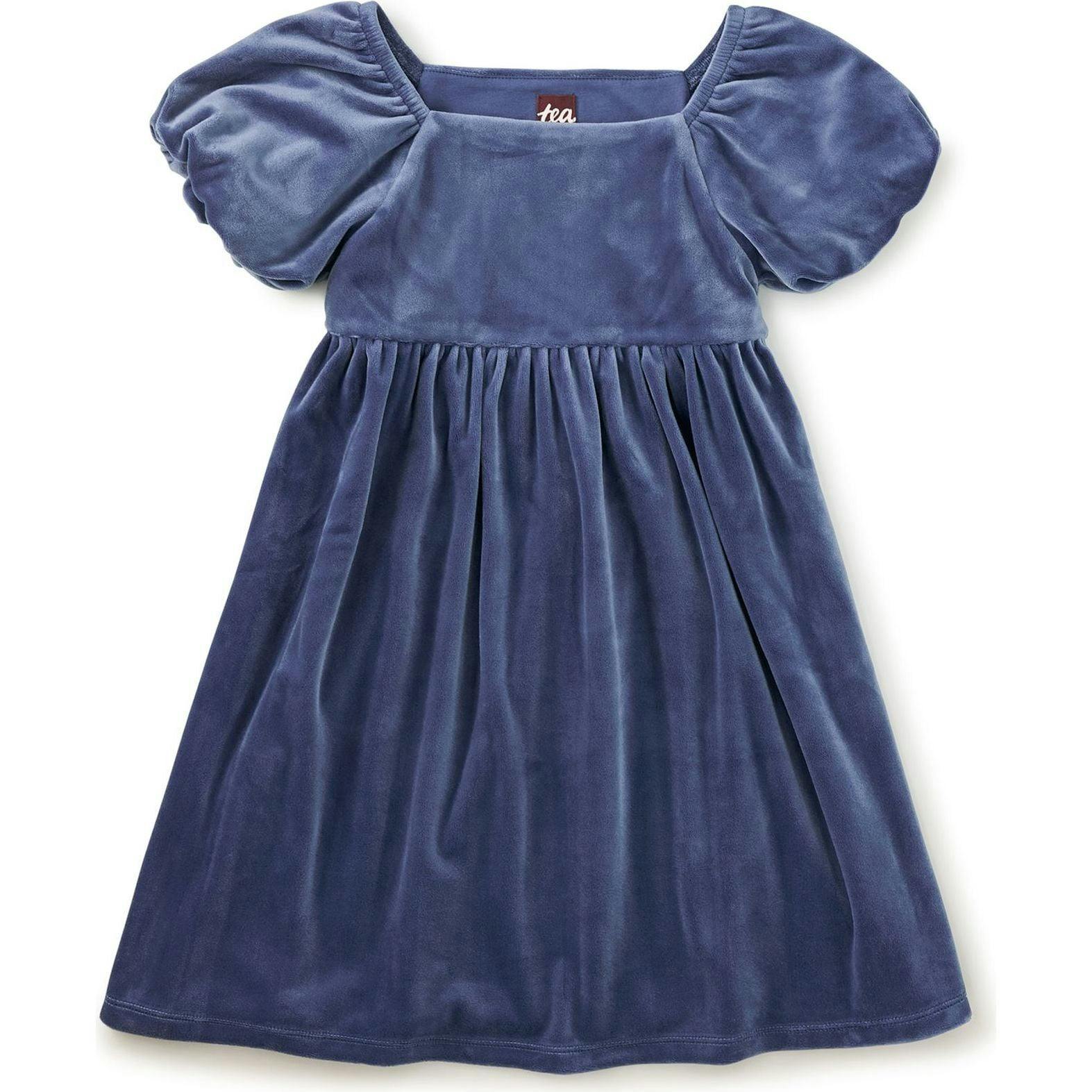 Puff Shoulder Velour Dress, Blue