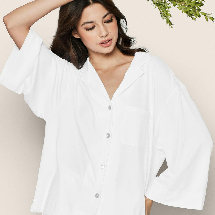 The Olivia Wide Leg Pima Pajama Set in White