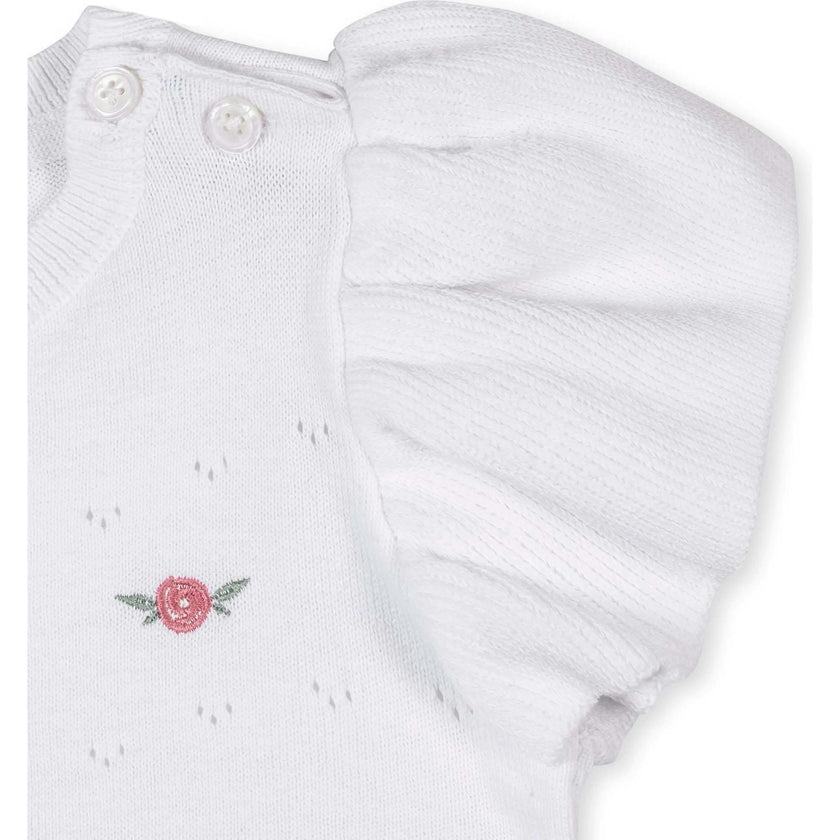 Organic Ruffle Sleeve Pointelle Sweater, White