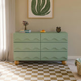 Lido Wave 6-Drawer Wide Assembled Dresser (56") in Light Sage/Honey