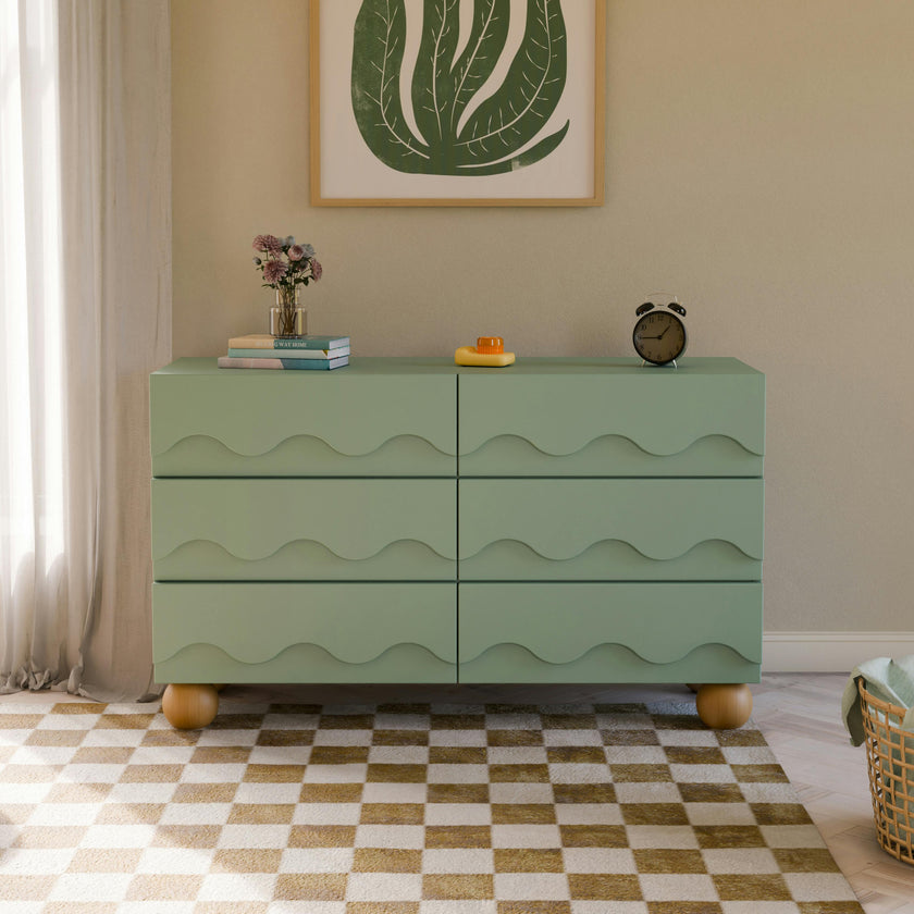 Lido Wave 6-Drawer Wide Assembled Dresser (56") in Light Sage/Honey