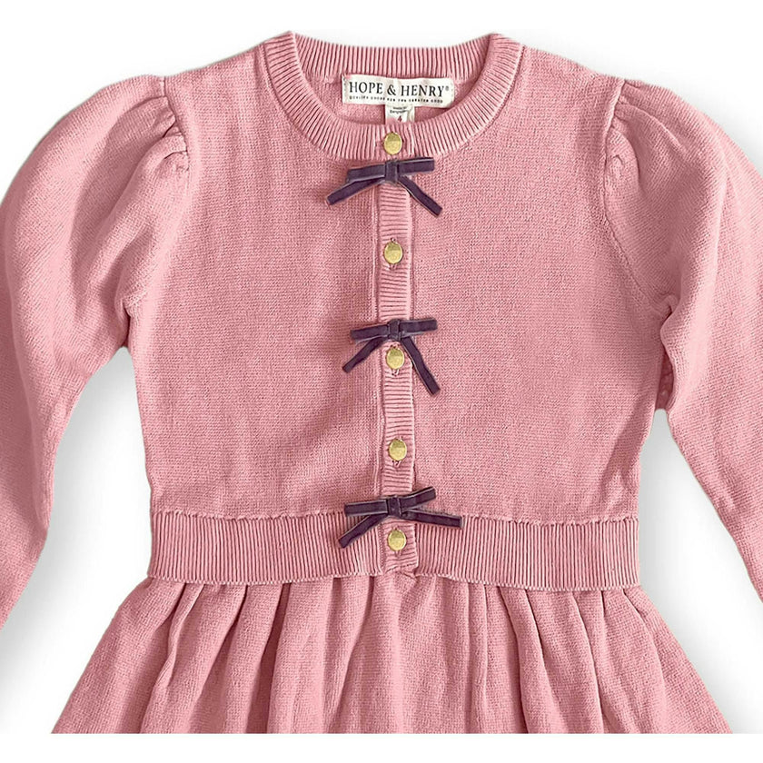 Girl's Organic Button Front Bow Detail Sweater Dress, Pink