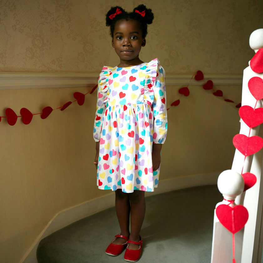 Confetti Heart Print Frill Shoulder Long Sleeve Dress