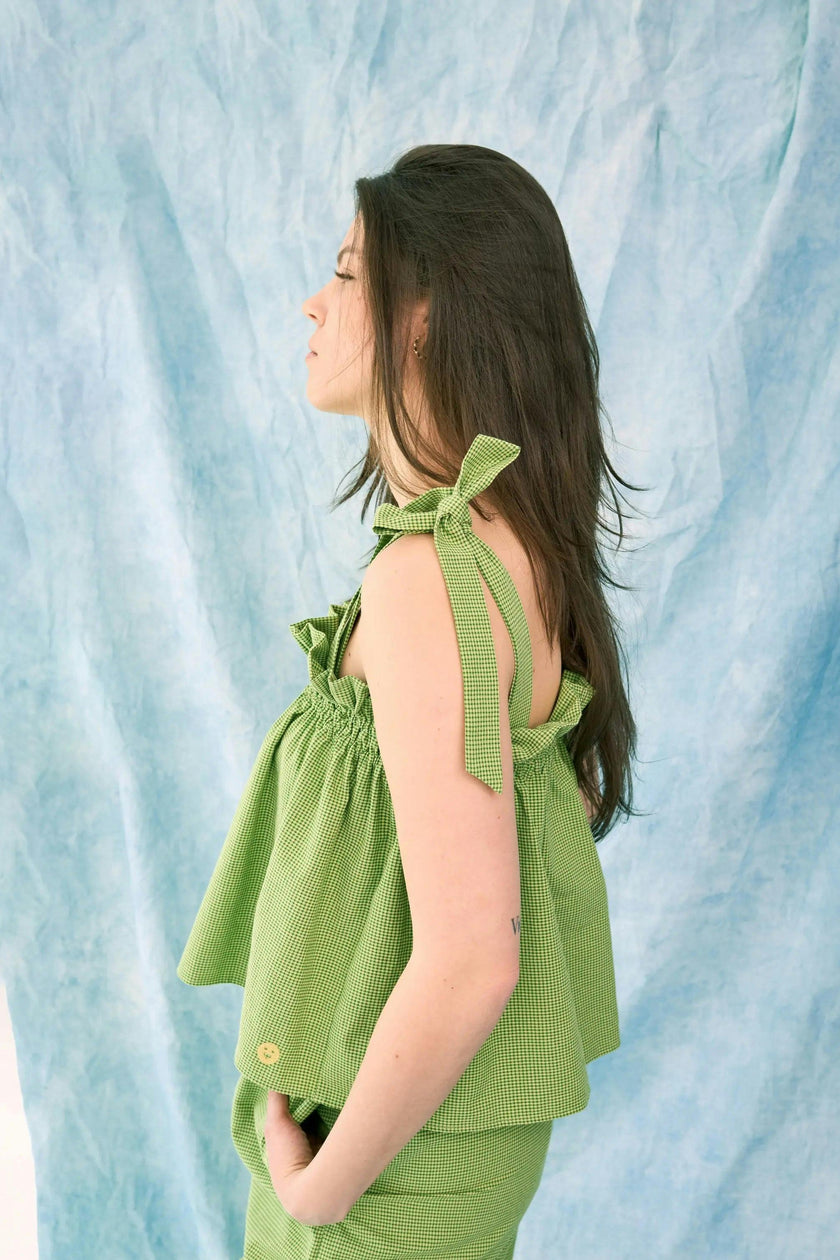 women's vichy frilled top - matcha green
