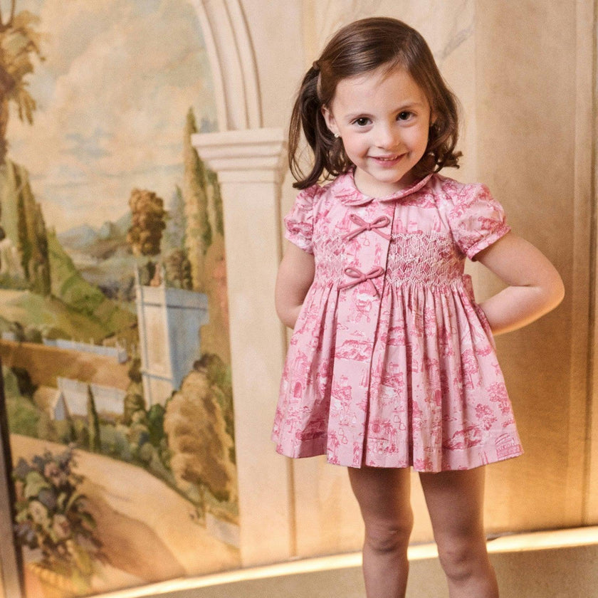 Nicky Hilton x La Coqueta Pink Toile de Jouy Theodora Baby Girl Hand-Smocked Set