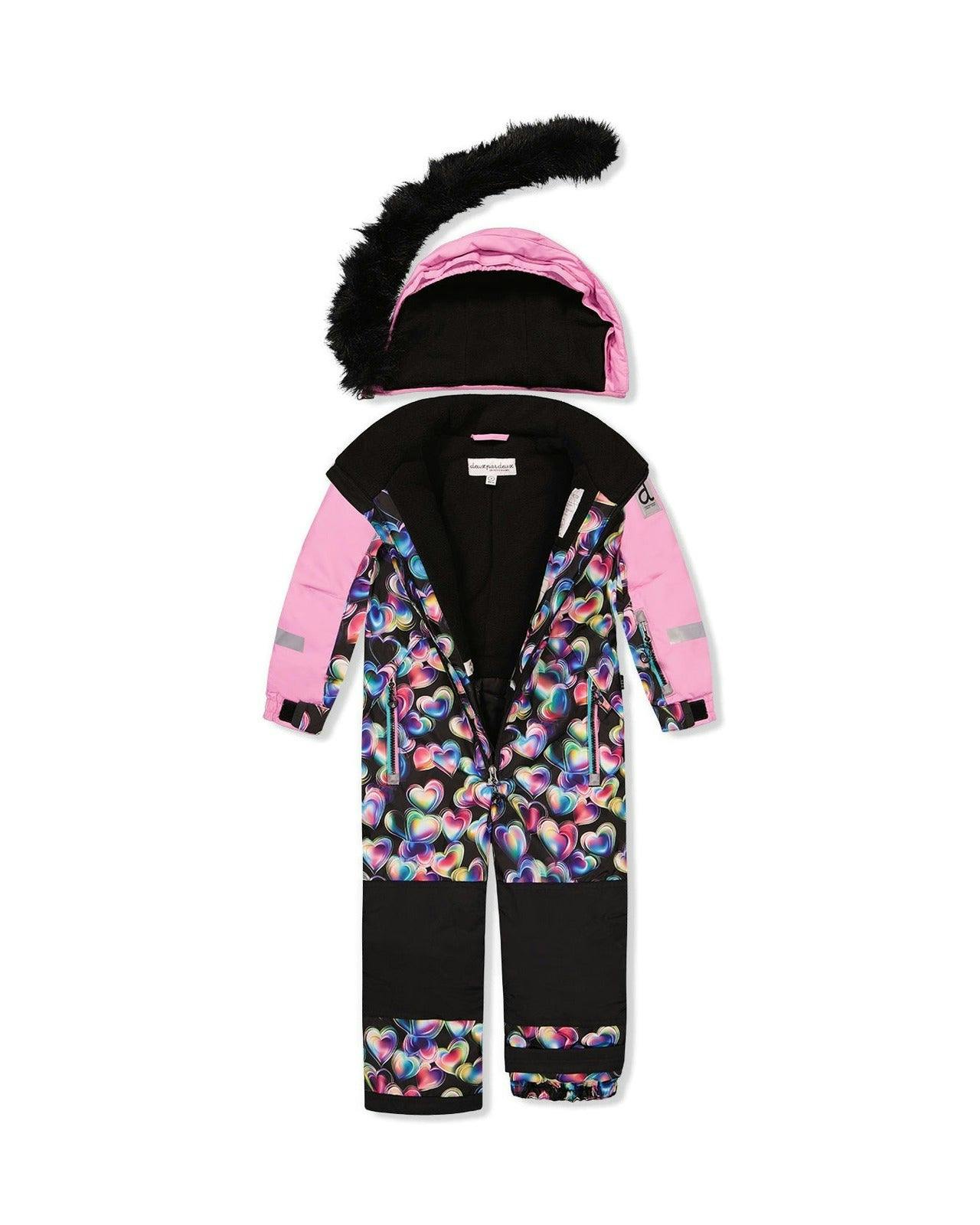 Kids One Piece Play Snowsuit Black Heart Print