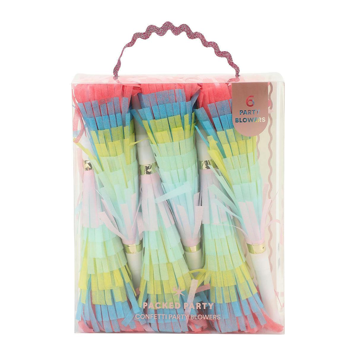 Packed Party Fringe Party Blowers Set of 6 - Multicolor Rainbow Fringe Noise Makers for Birthdays New Year's Eve and Party Favors