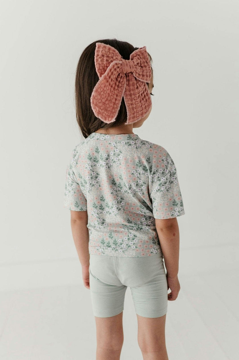 Girls Tie Front Shirt in Aqua Grey Floral