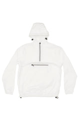 White quarter zip packable rain jacket and windbreaker