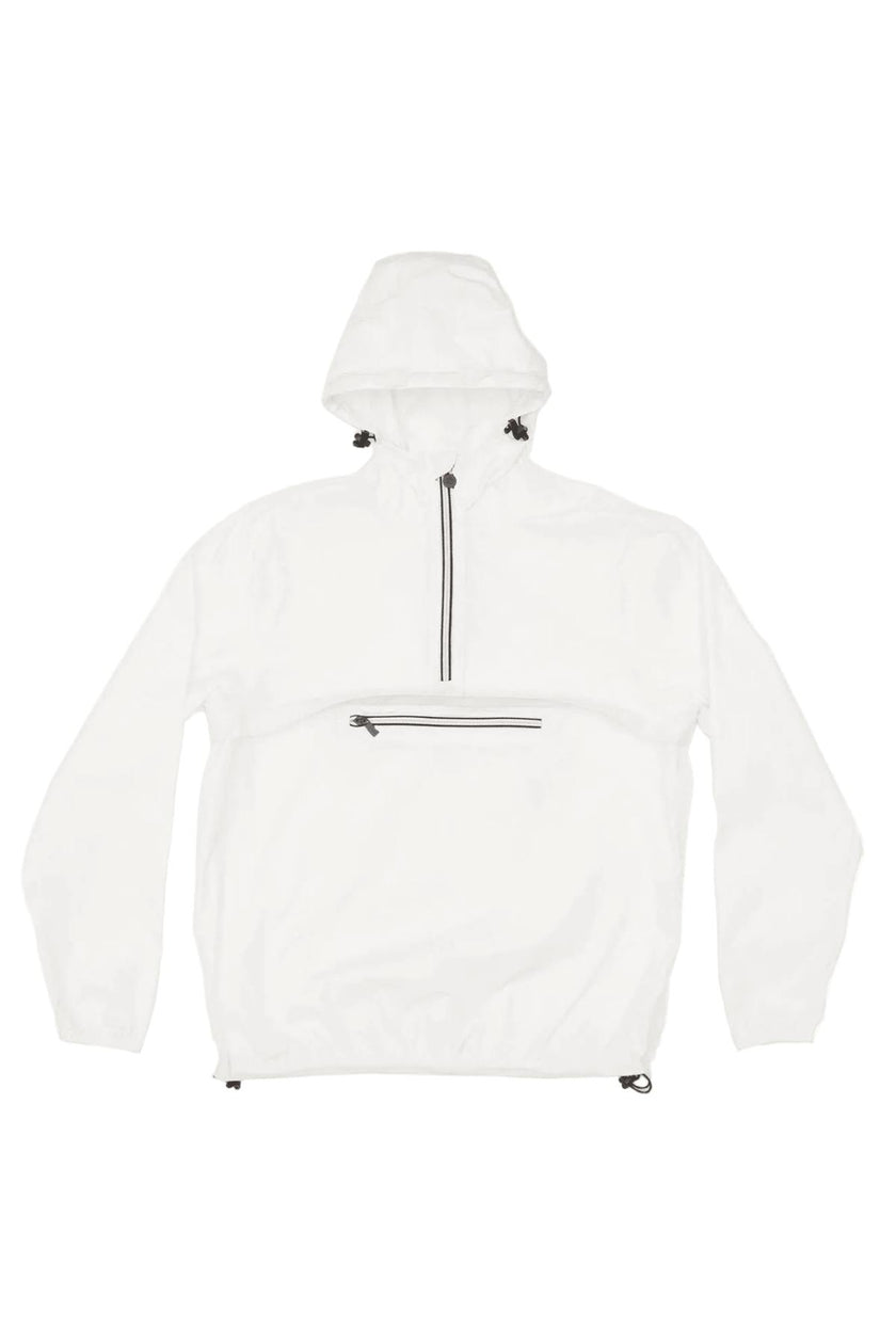 White quarter zip packable rain jacket and windbreaker
