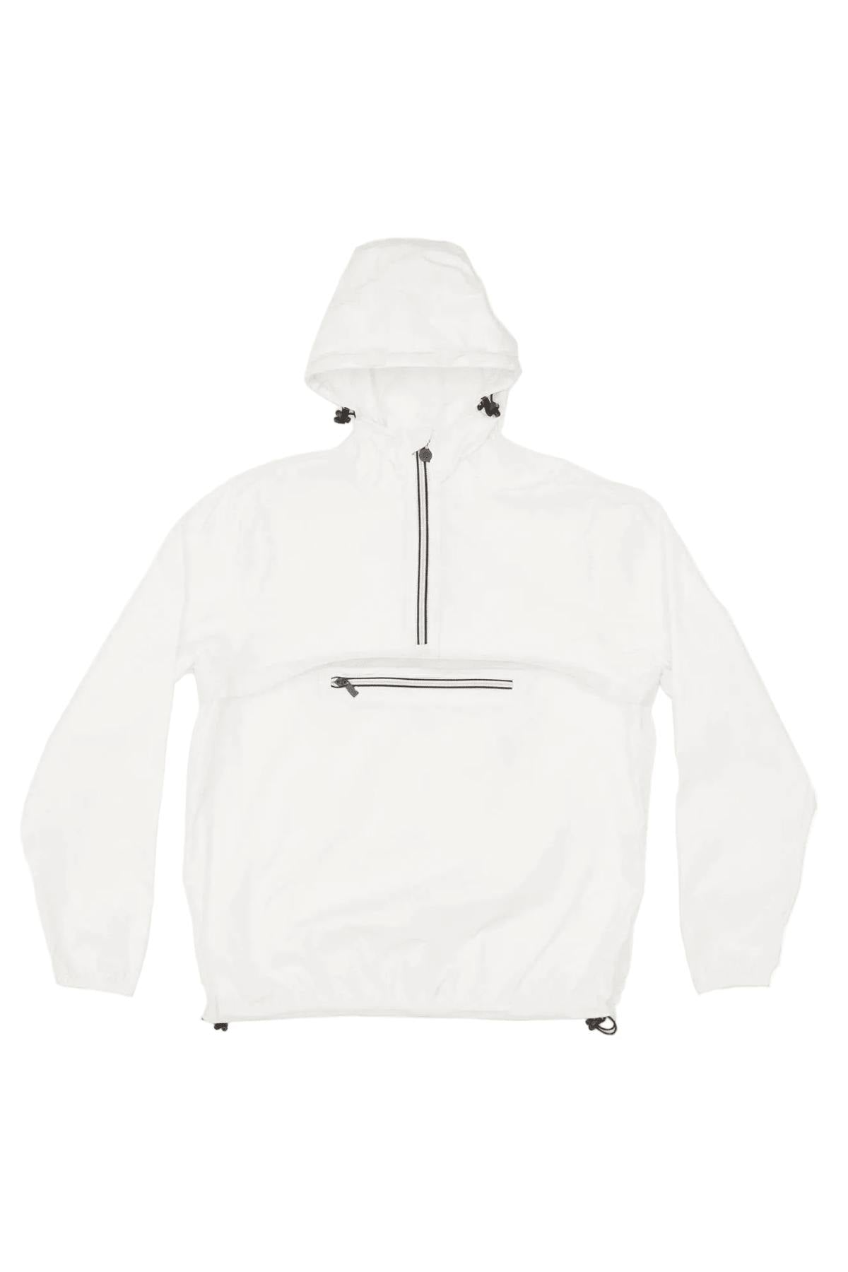 White quarter zip packable rain jacket and windbreaker