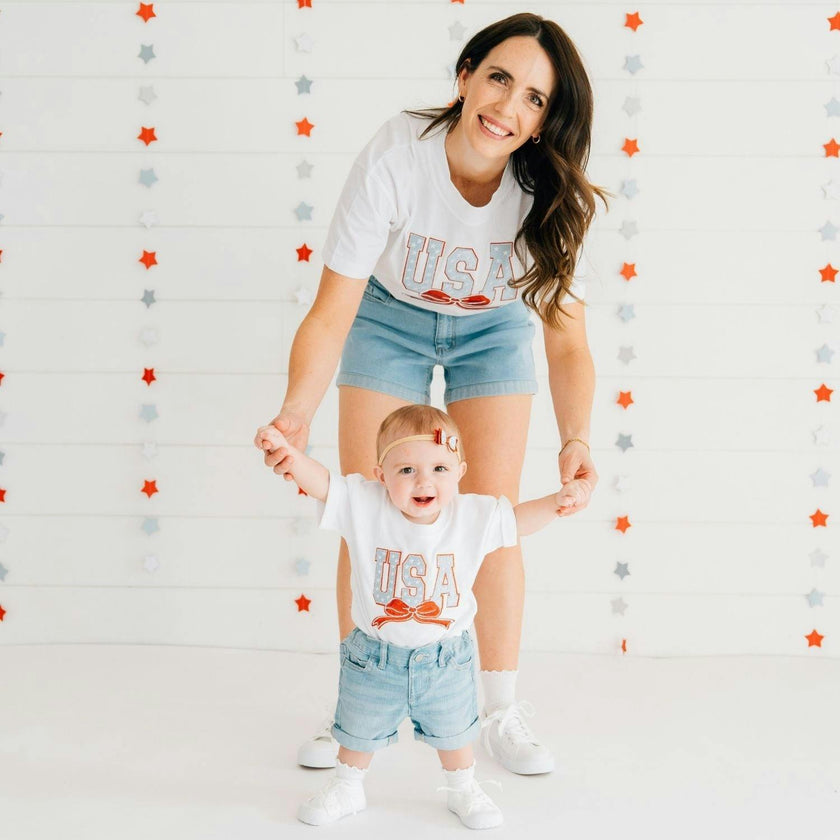 USA Stars & Bow Patch Short Sleeve Romper - White