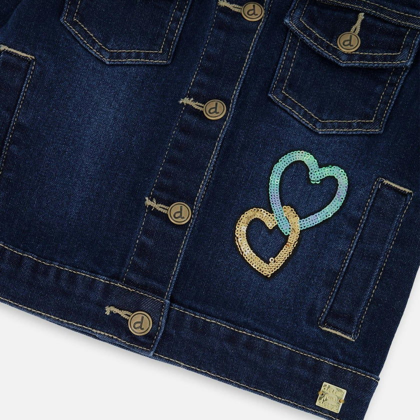 Stretch Denim Jacket Dark Blue with Glittery Hearts and