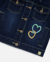 Stretch Denim Jacket Dark Blue with Glittery Hearts and