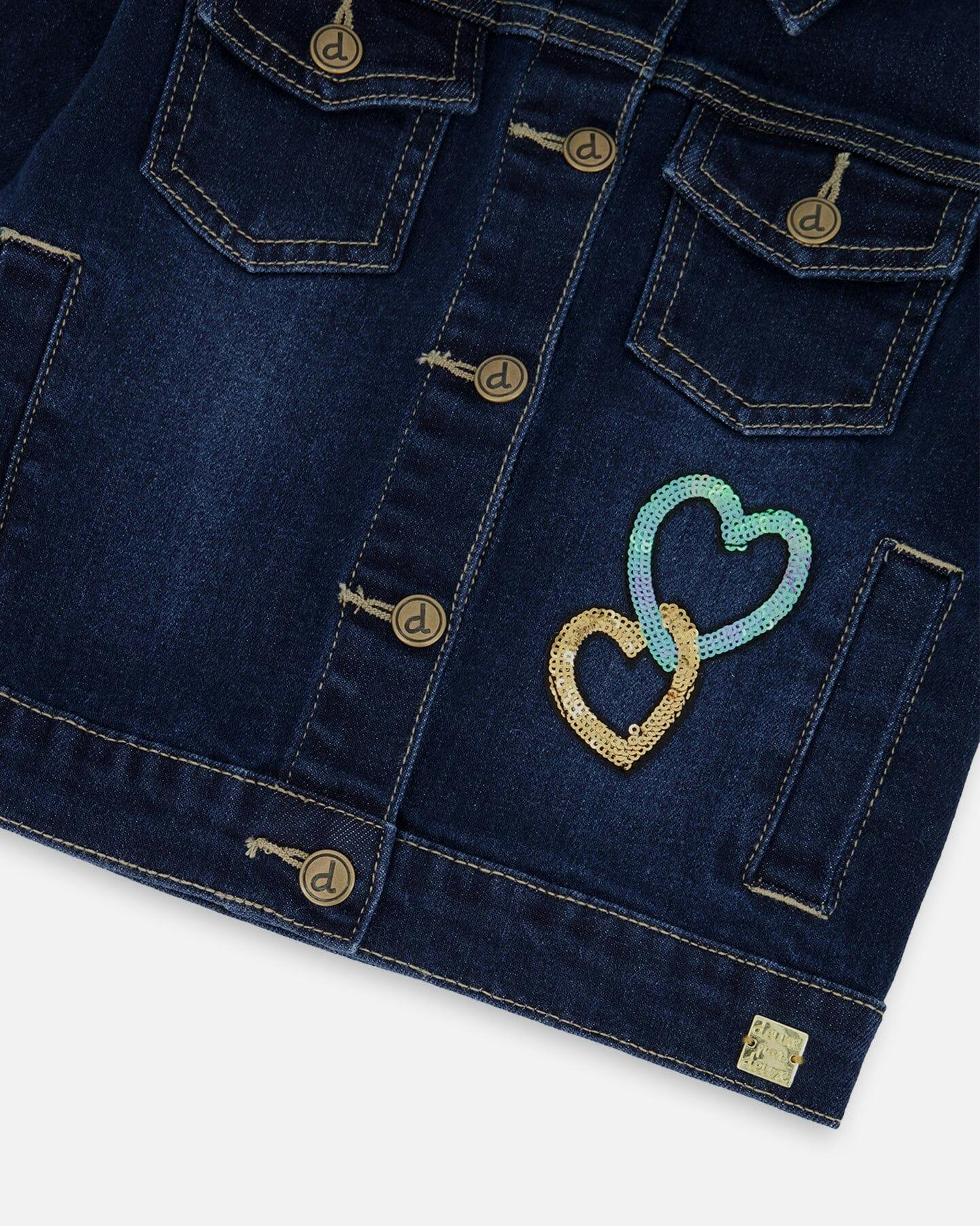 Stretch Denim Jacket Dark Blue with Glittery Hearts and