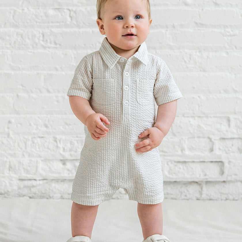 Mato Seersucker Collared Romper - Dune Stripe