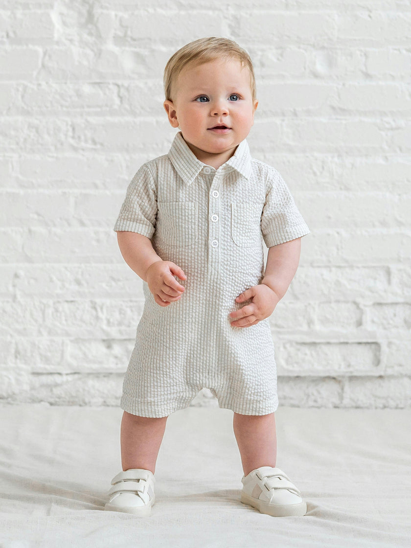 Mato Seersucker Collared Romper - Dune Stripe