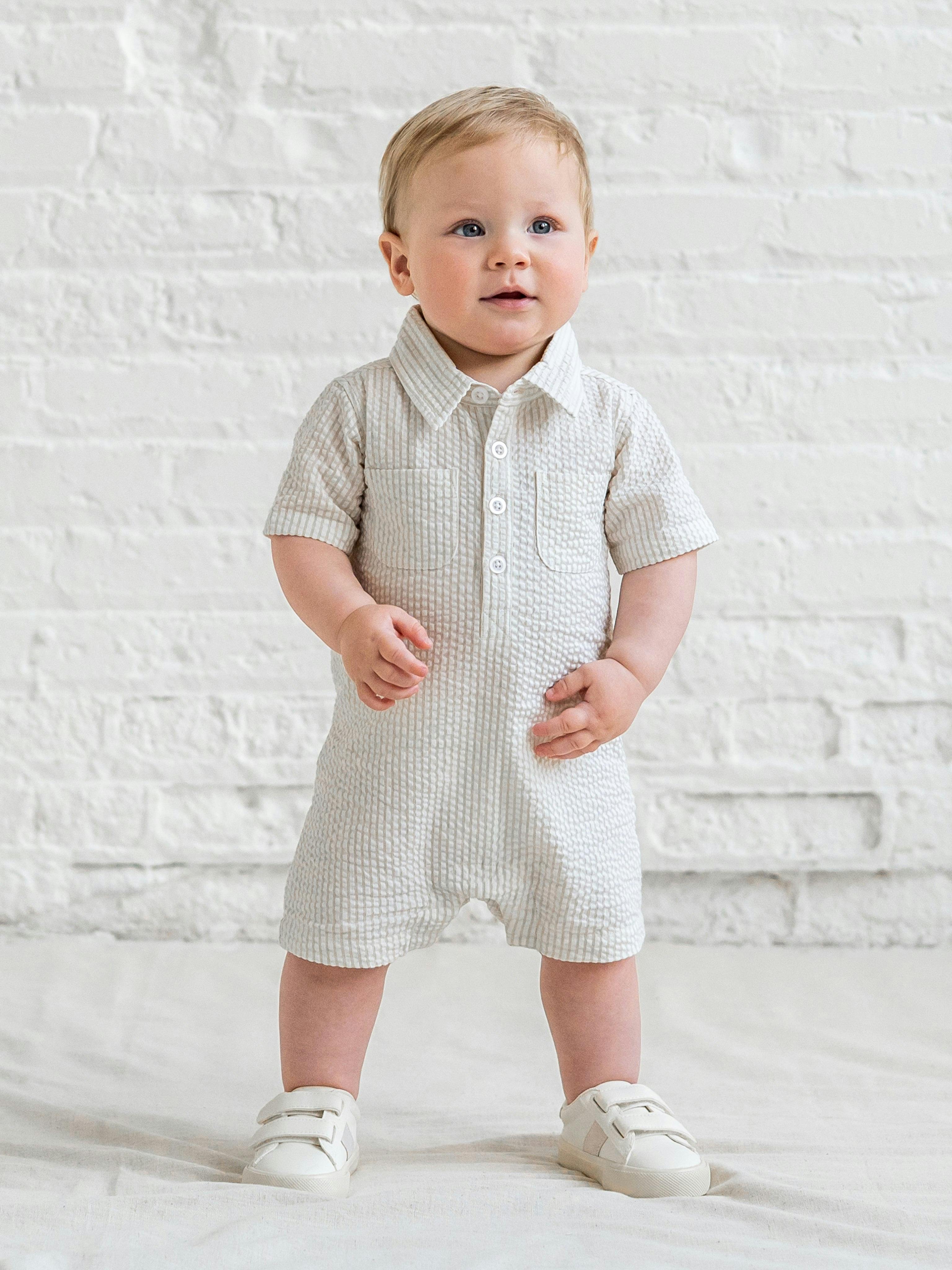 Mato Seersucker Collared Romper - Dune Stripe
