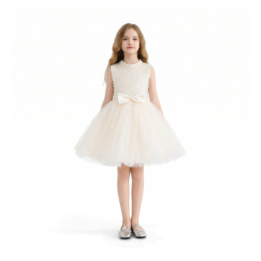 Cream Ariette Pearl Bow Tulle Dress