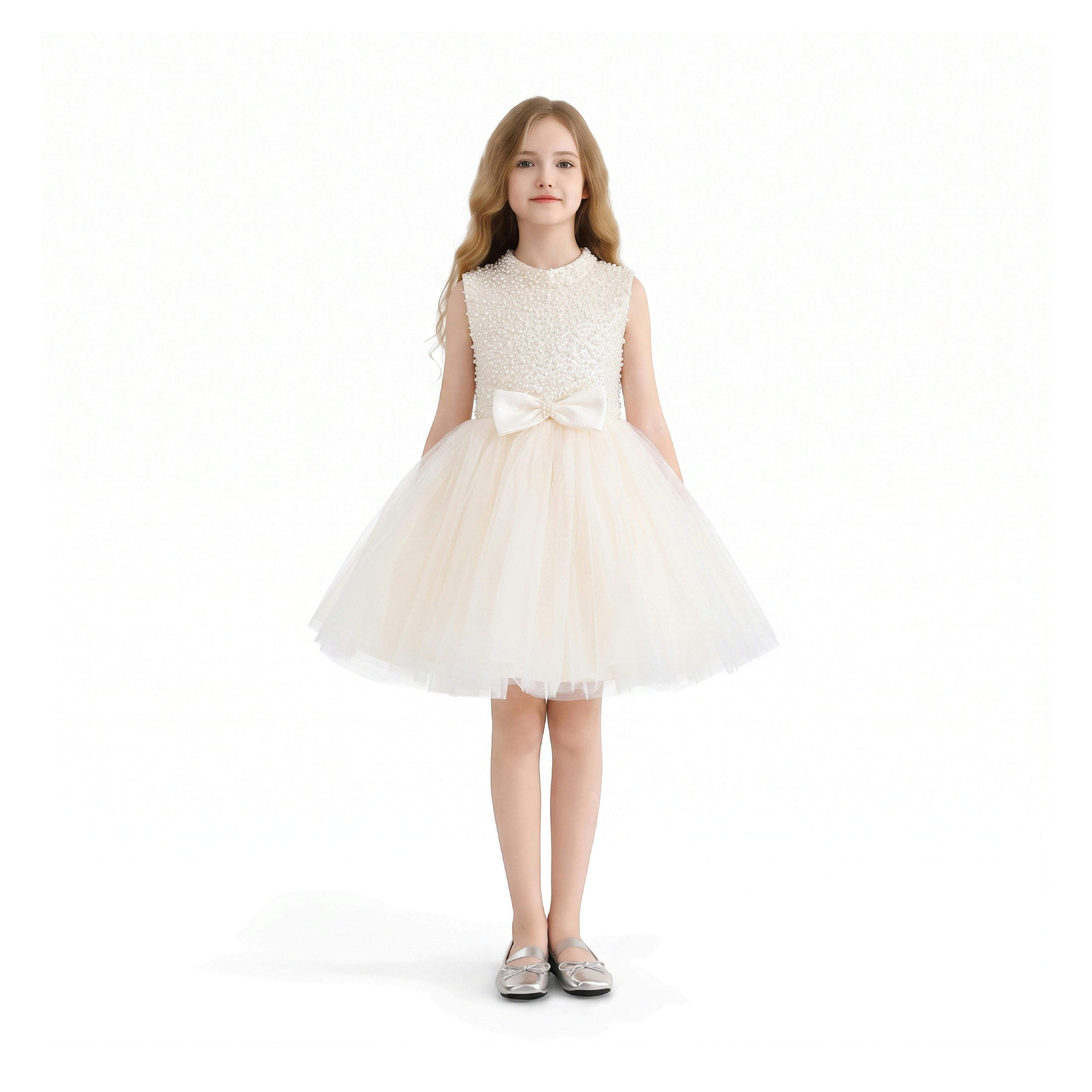 Cream Ariette Pearl Bow Tulle Dress