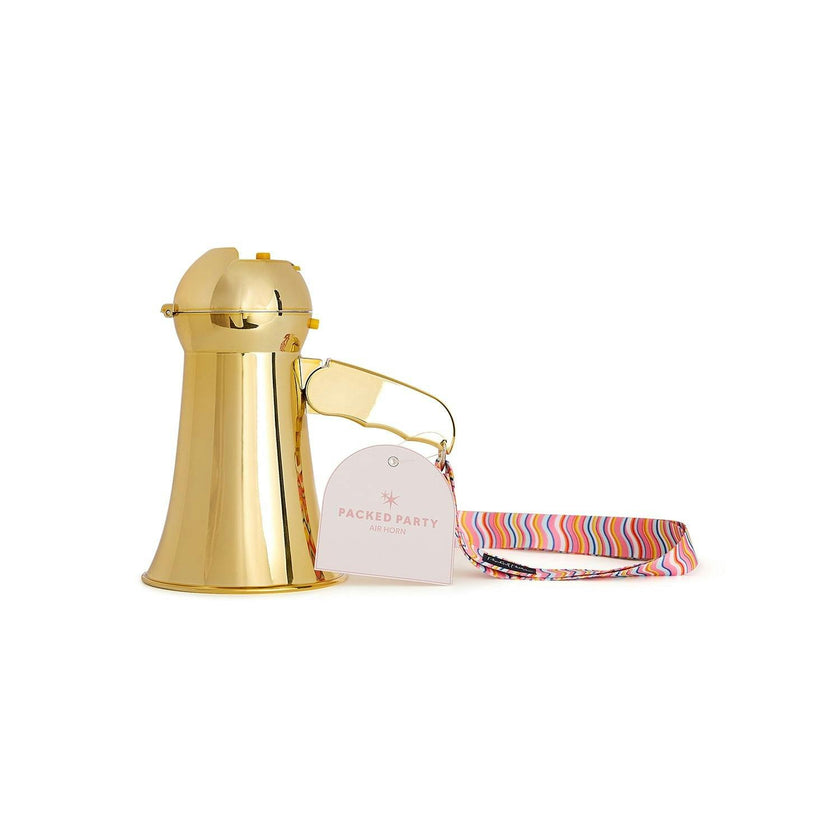 Packed Party Party Starter Gold Mini Megaphone - Shiny Gold with Pink Red Rickrack Strap, Battery Operated Party Megaphone for Bachelorettes and Birthdays