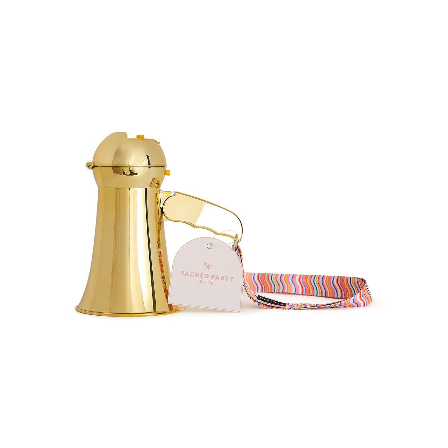 Packed Party Party Starter Gold Mini Megaphone - Shiny Gold with Pink Red Rickrack Strap, Battery Operated Party Megaphone for Bachelorettes and Birthdays
