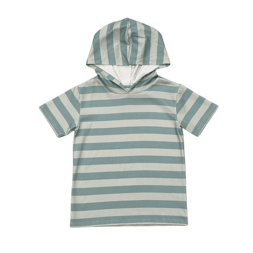 Boys Short Sleeve Hoodie Pullover in Sky Blue Stripe