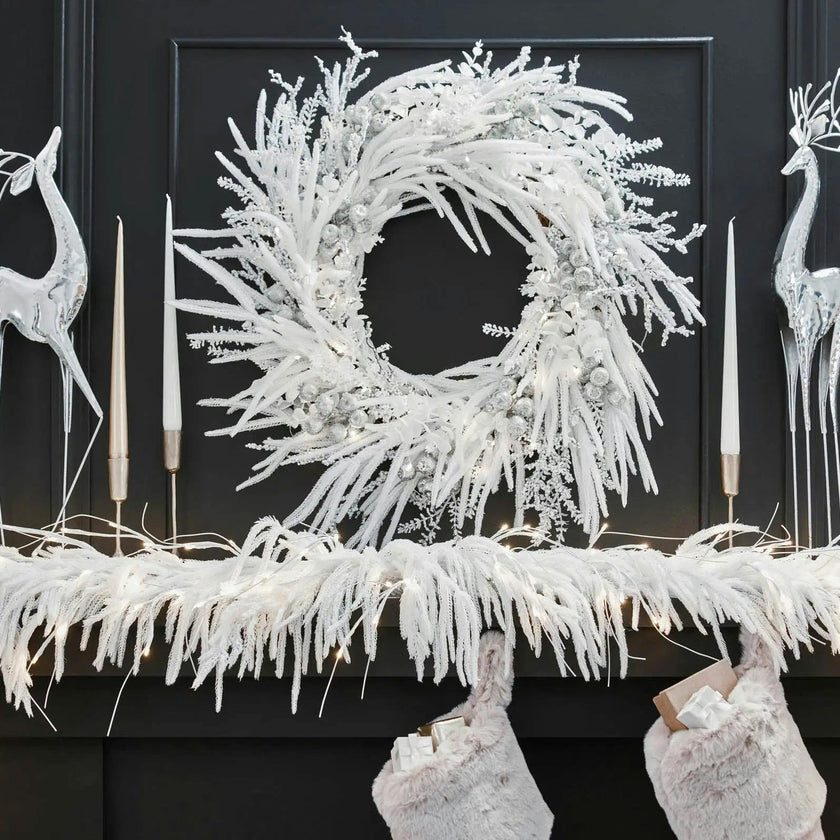 All Aglow - Pre-Lit White Norfolk Pine Christmas Mantel Garland Winter Table Runner
