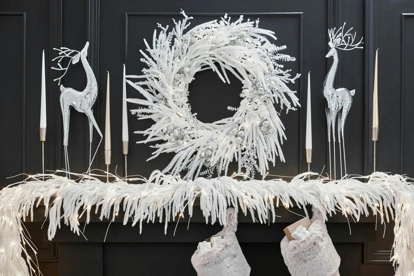 All Aglow - Pre-Lit White Norfolk Pine Christmas Mantel Garland Winter Table Runner