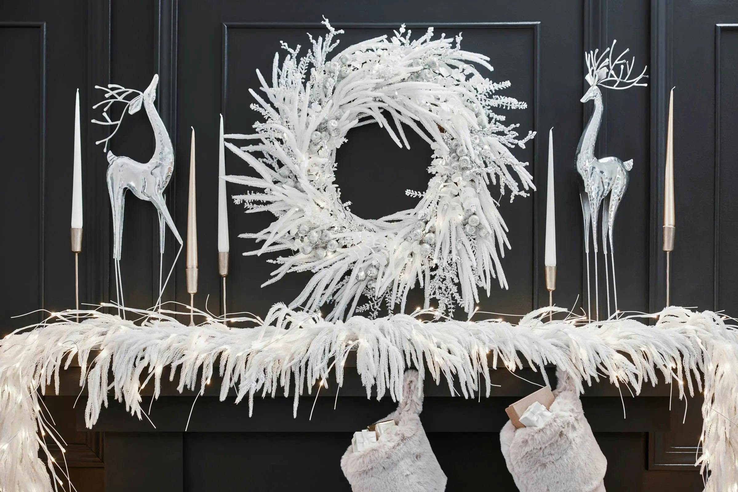 All Aglow - Pre-Lit White Norfolk Pine Christmas Mantel Garland Winter Table Runner