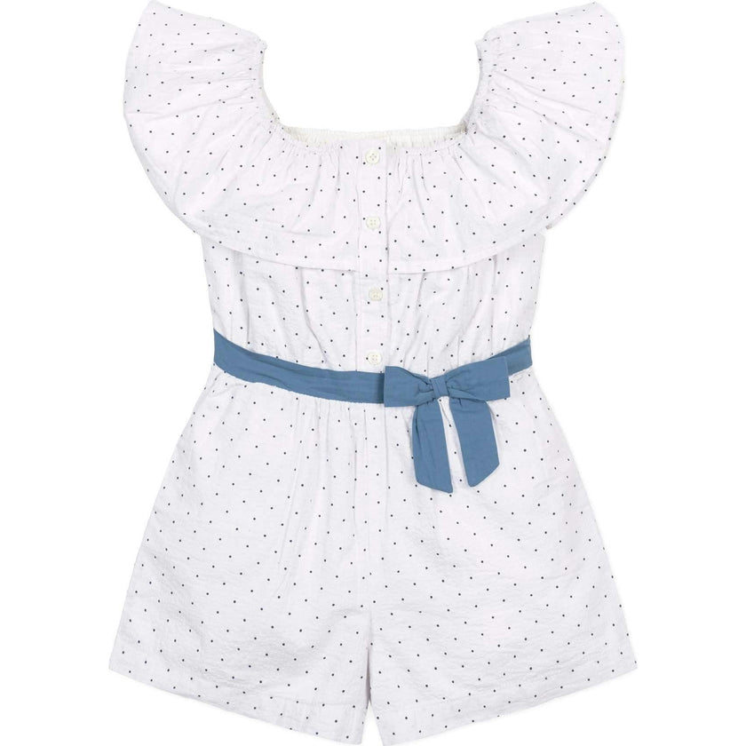 Organic Ruffle Collar Button Front Seersucker Romper, White