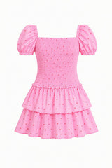Lexi Pink With Red Hearts Satin Smocked Short Sleeve Ruffle Dress