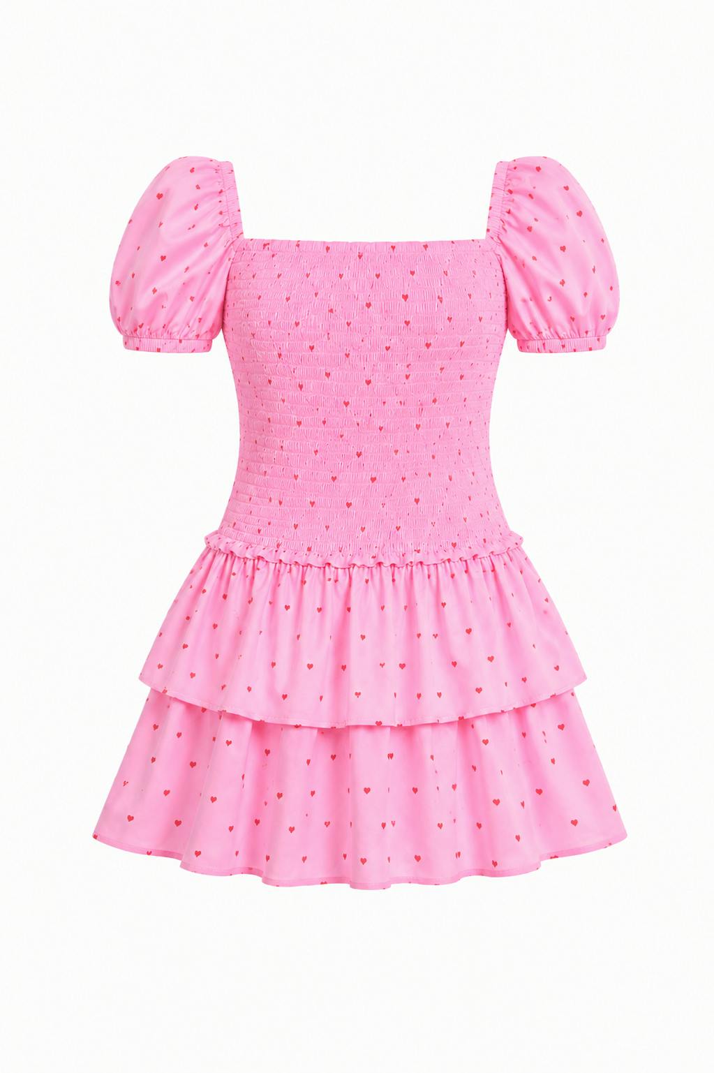 Lexi Pink With Red Hearts Satin Smocked Short Sleeve Ruffle Dress