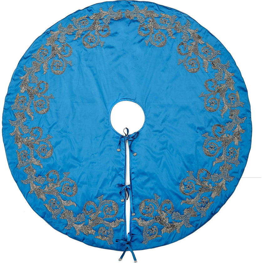 Hand Beaded Imperial Blue Silk Christmas Tree Skirt Blue 60" / 72"