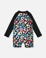 One-Piece Long Sleeve Rashguard Black Leopard Print