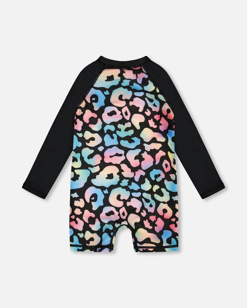 One-Piece Long Sleeve Rashguard Black Leopard Print