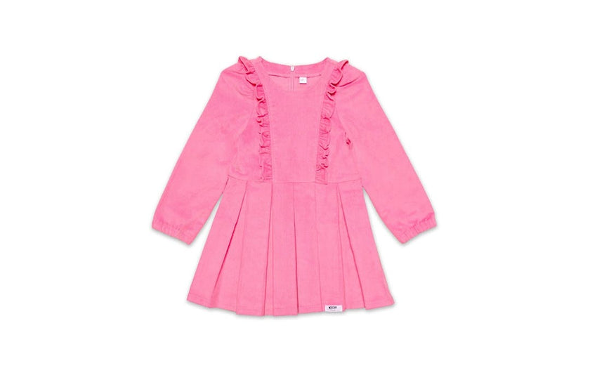 Long Sleeve Ruffle Dress in Pink Corduroy