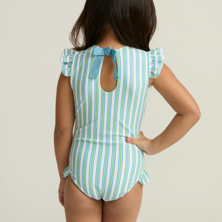 girls tamarin stripe ruffle cap sleeve one piece