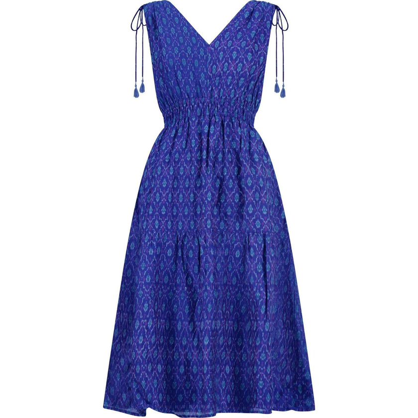 Noemie Women's Shoulder Tie Dress Cobalt Ikat, Blue