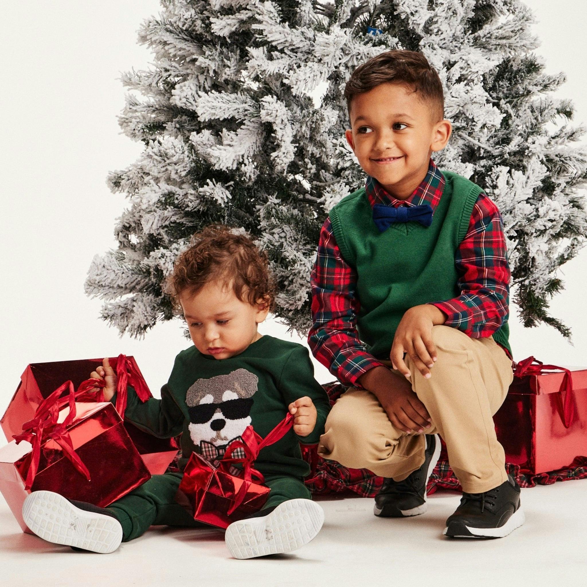 Kids 4-Piece Sweater Vest Set | Holiday Plaid