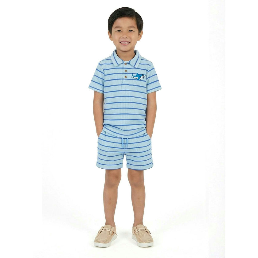Boys Striped Waffle Polo Set | Blue Shark