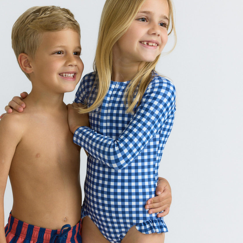 girls navy picnic gingham front zip rashguard one piece