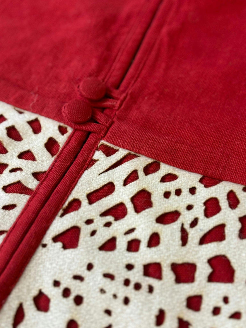 Handmade Linen Precision Cut Red Christmas Tree Skirt, 60"