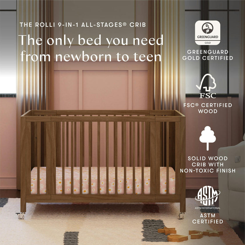 Rolli 9-in-1 Convertible All-Stages® Crib with Bassinet & Toddler Bed Conversion Kits in Natural Walnut