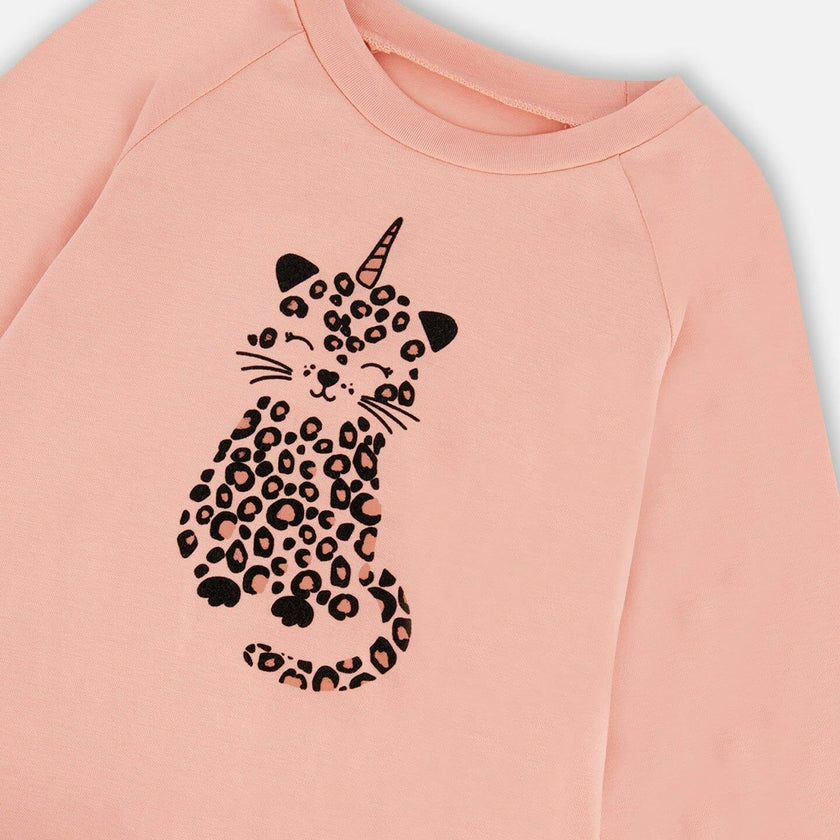 Long Bi-Material Top with Mesh Ruffle Hem and Leopard Print