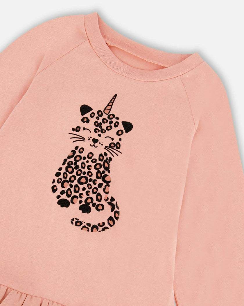 Long Bi-Material Top with Mesh Ruffle Hem and Leopard Print