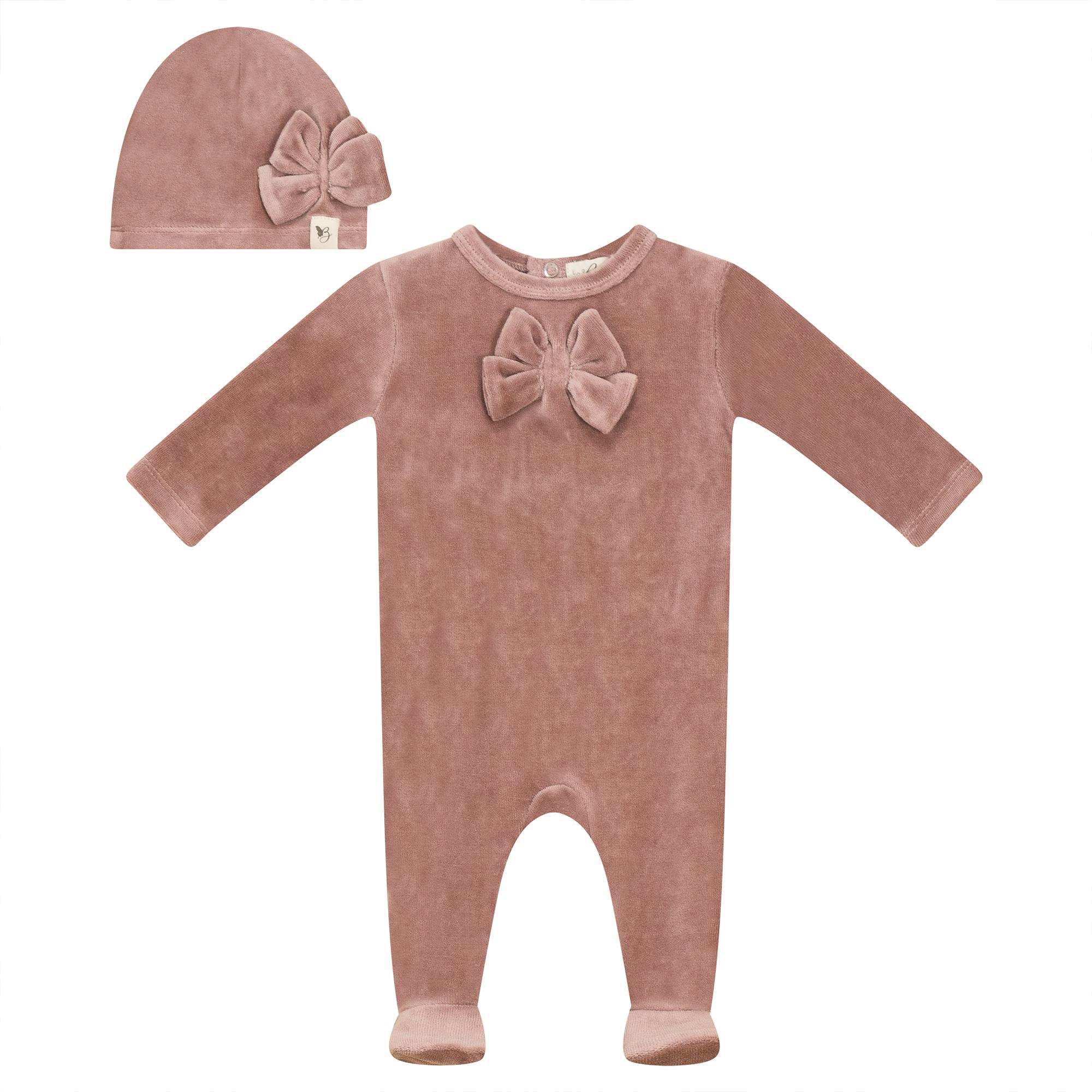 Stitch Velour Bow Detail Snap Front Romper and Hat Two Piece Set